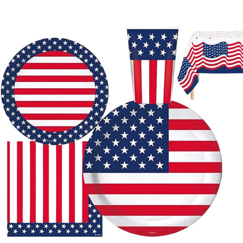 Oojami Serves 30 Party Pack 4th of July Patriotic American Stars and Stripes 9" Dinner Paper Plates 7" Dessert Paper Plates Cups Napkins 2 Table Cover 4th of July Party Supplies American Party Theme - Image 1